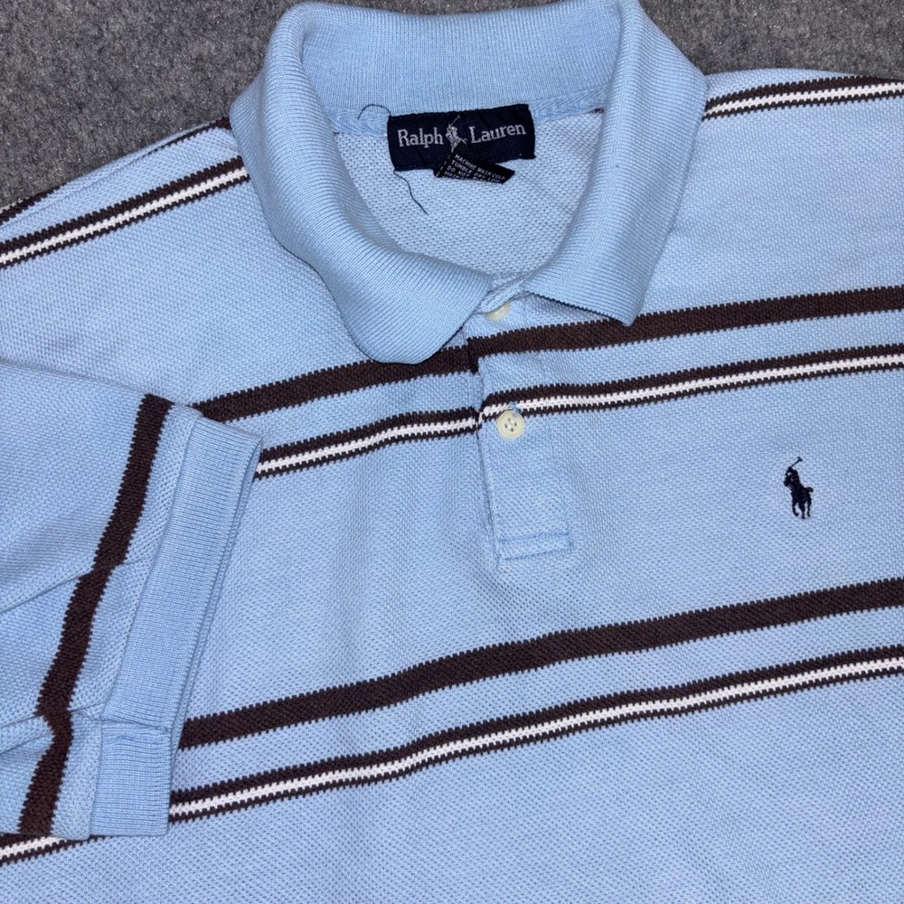 Ralph Lauren Polo Shirt Mens Large Blue Striped Short Sleeve Pique Pony Logo Top